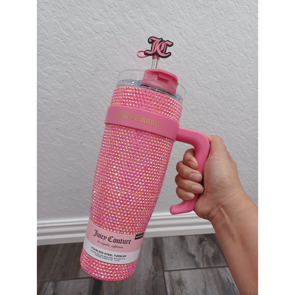 Juicy Couture PINK Rhinestone Stainless Steel Tumbler w/ Lid and Straw, 40oz